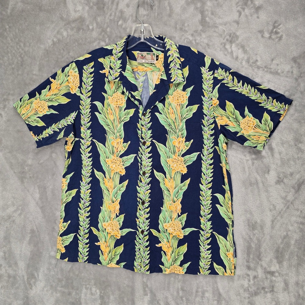 Vintage Tori Richard Button Up Shirt Mens XL Navy Blue Floral Cotton Rayon Aloha